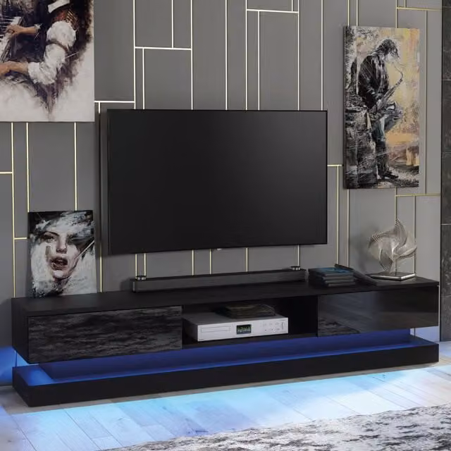 Mex Furniture LTD Modern Glossy Black TV Unit with LED Lighting, W: 180 cm, D: 35 cm, H: 36 cm – 1
