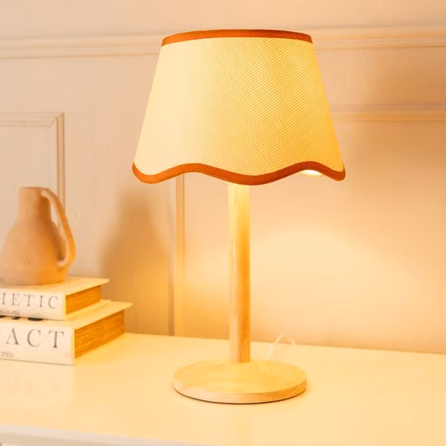 ValueLights Triston Natural Wood Stem Table Lamp with Tapered Scallop Fabric Shade in Rust Orange