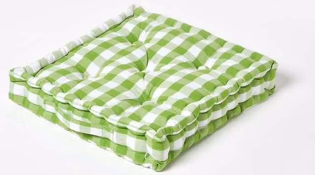 Homescapes Green and White Gingham Block Check Cotton Floor Cushion, W/D/H: 40 x 40 x 8 cm
