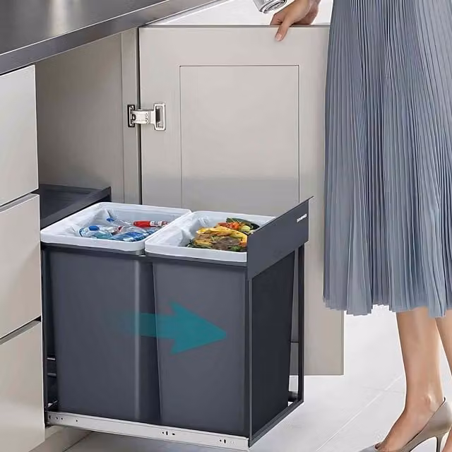 The Bazaarist Double Pull Out Cabinet Recycling Bin with Flip Lid, Grey