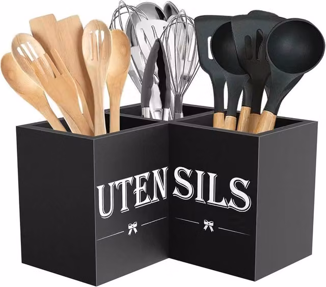 SPETLEK Extra Large Solid Wood Kitchen Utensils Holder in Black – 1