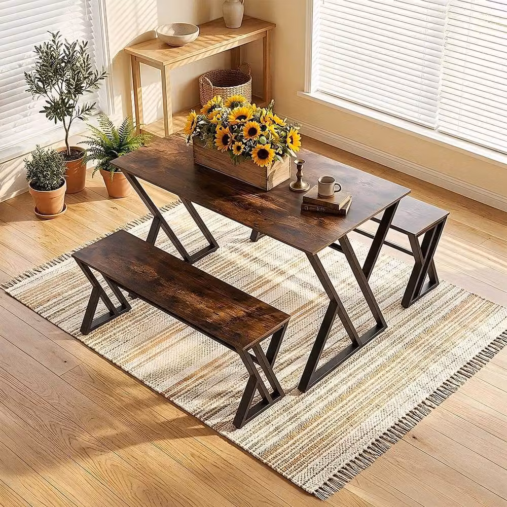 KORVIXA Industrial Square Dining Table and 2 Benches Set with Z-Shaped Metal Base, Brown – 5