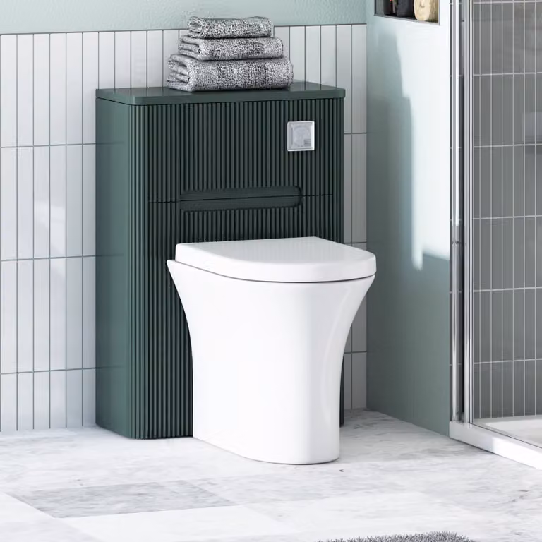 Avenza Moss Green Wall Mounted WC Unit with Breeze Rimless Ceramic Toilet Pan, Soft Close Seat and Cistern, Depth: 55 cm