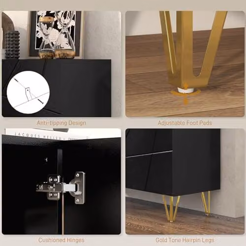 HOMCOM Modern Glossy Black Freestanding Storage Cabinet with Gold Legs, W/D/H: 120 x 40 x 75 cm – 5
