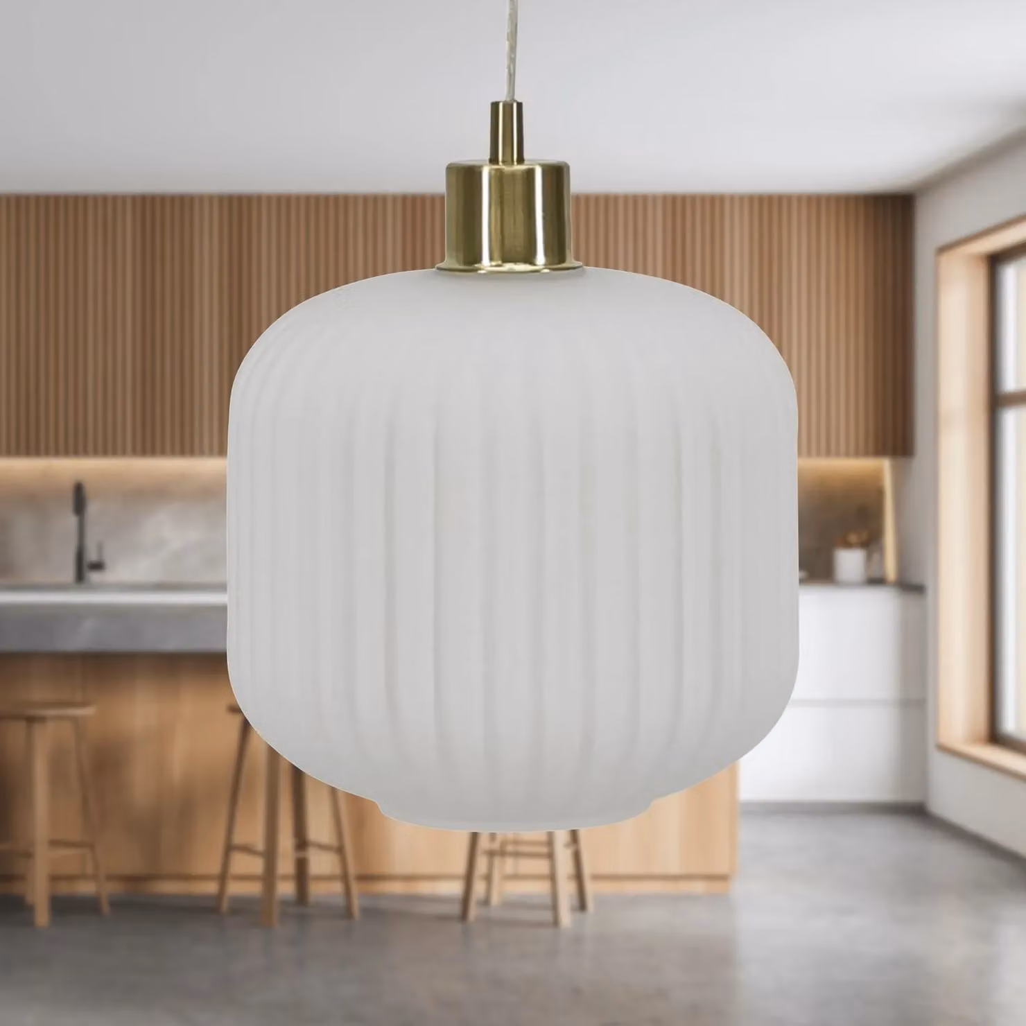 First Choice Lighting Bento White Ribbed Glass Pendant Light with Satin Brass Fitting – 2