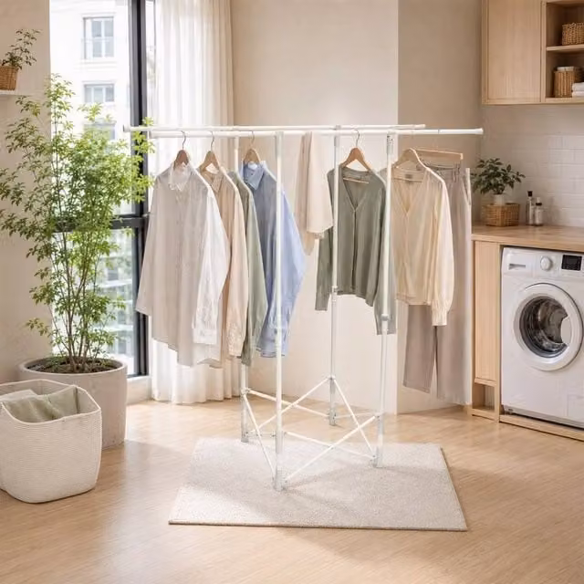 EONLION Double Bar Foldable Clothes Rail in White