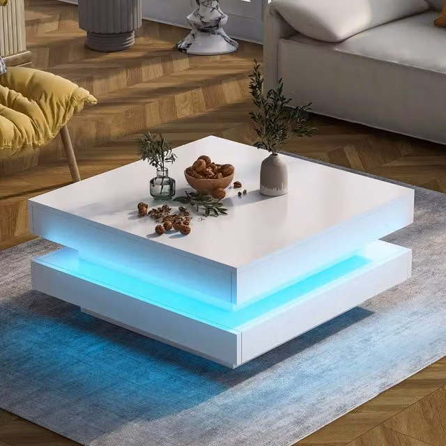 Merax Square High Gloss LED Coffee Table with 360 Degree Rotating Top in White W/D/H: 70 x 70 x 36 cm – 1