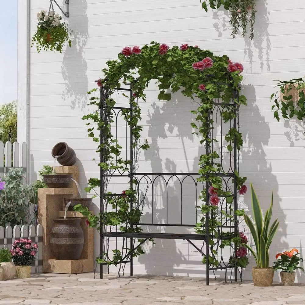 NESTLUNE Black Metal Garden Arbour Bench and Plant Climbing Support Trellis, W: 100 cm, D: 15 cm – 2