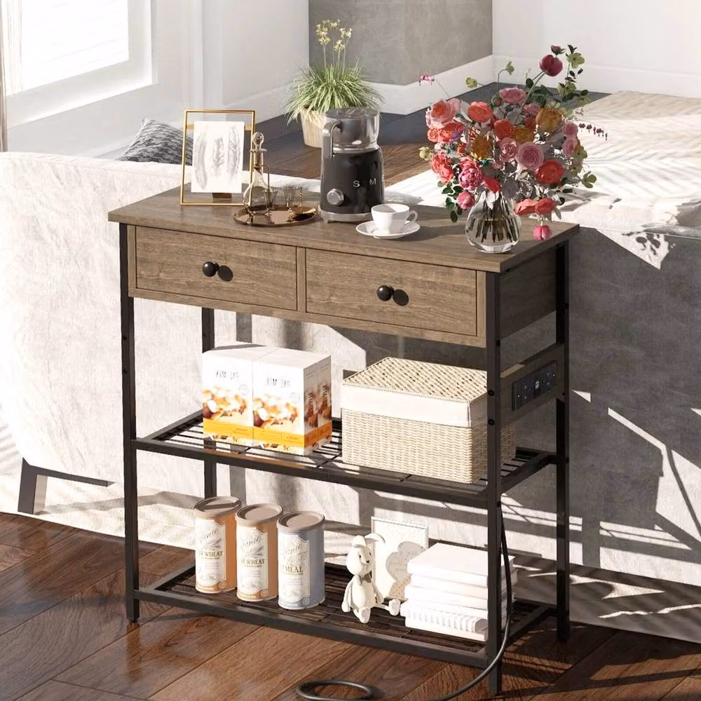 NESTLUNE Narrow Entryway Console Table with Built-in Charging Station, Grey, W/D/H: 100 x 100 x 100 cm – 6