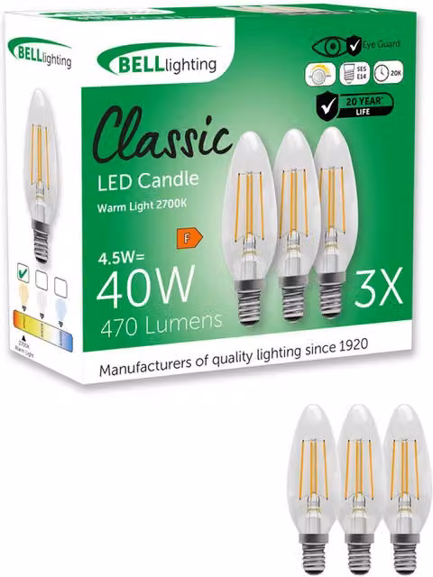 British Light Works E14 Dimmable LED Filament Candle Bulbs, 4.5W, 2700K Warm White, Pack of 3