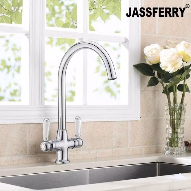 JASSFERRY Dual Handle Kitchen Mixer Tap in White Ceramic and Chrome Finish, H 16.0 cm x W 22.6 cm x D 19.0 cm