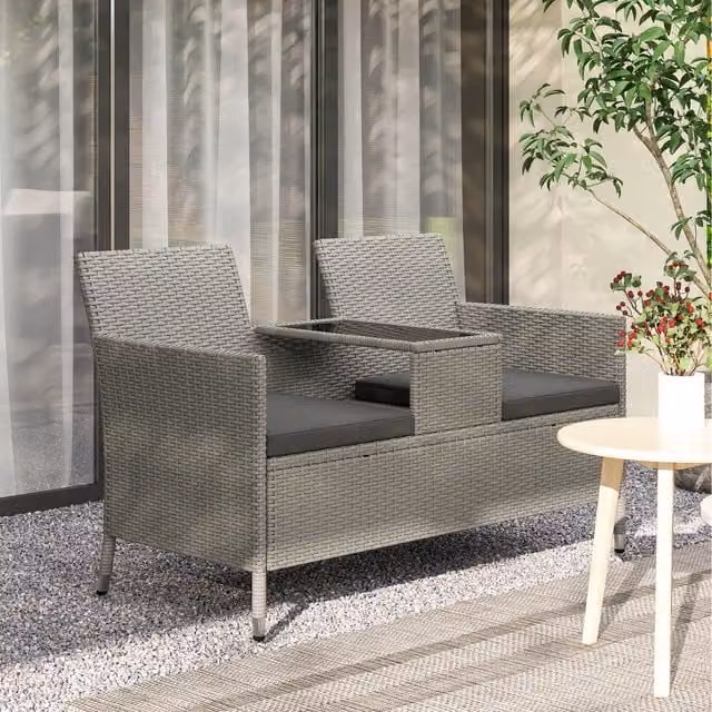 Outsunny Modern PE Rattan Duo Seat Table and Bench Set with Padded Cushions in Mixed Grey