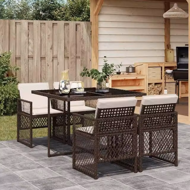 Berkfield Home 5 Piece Brown Poly Rattan Garden Dining Set with Cushions and Glass Tabletop – 1
