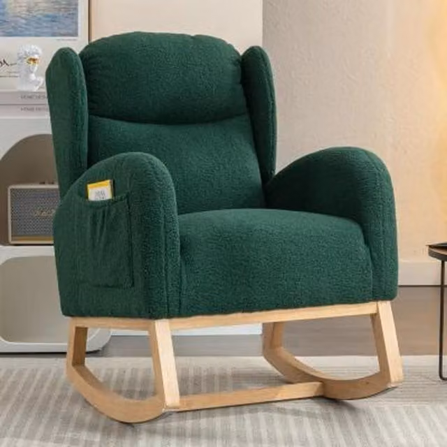 Chilli Seating Modern Green Bouclé Fabric Rocking Chair with Armrests and Solid Wood Frame