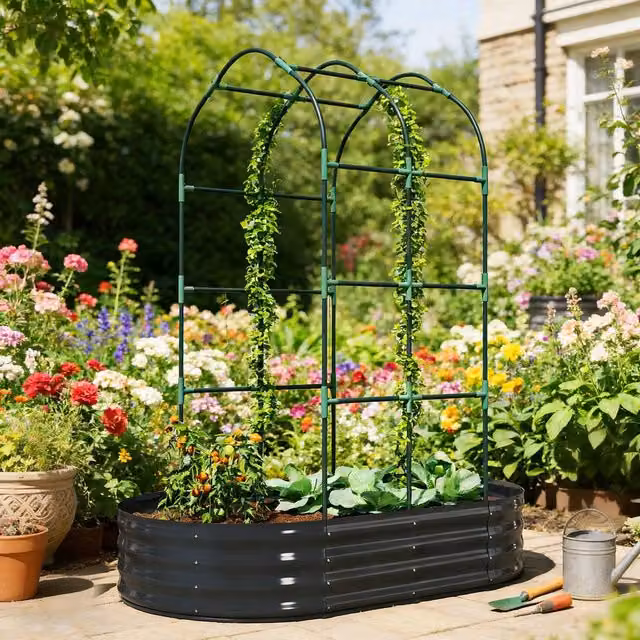 OUTSUNNY Galvanised Steel Raised Garden Bed with Trellis, Dark Grey, W: 152.4 cm, D: 91.44 cm, H: 182.88 cm