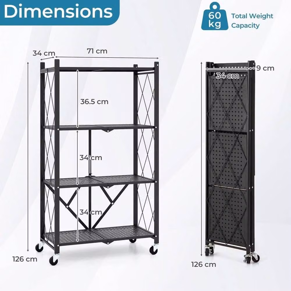 PAWNORA 4-Tier Foldable Metal Storage Shelf in Black – 2