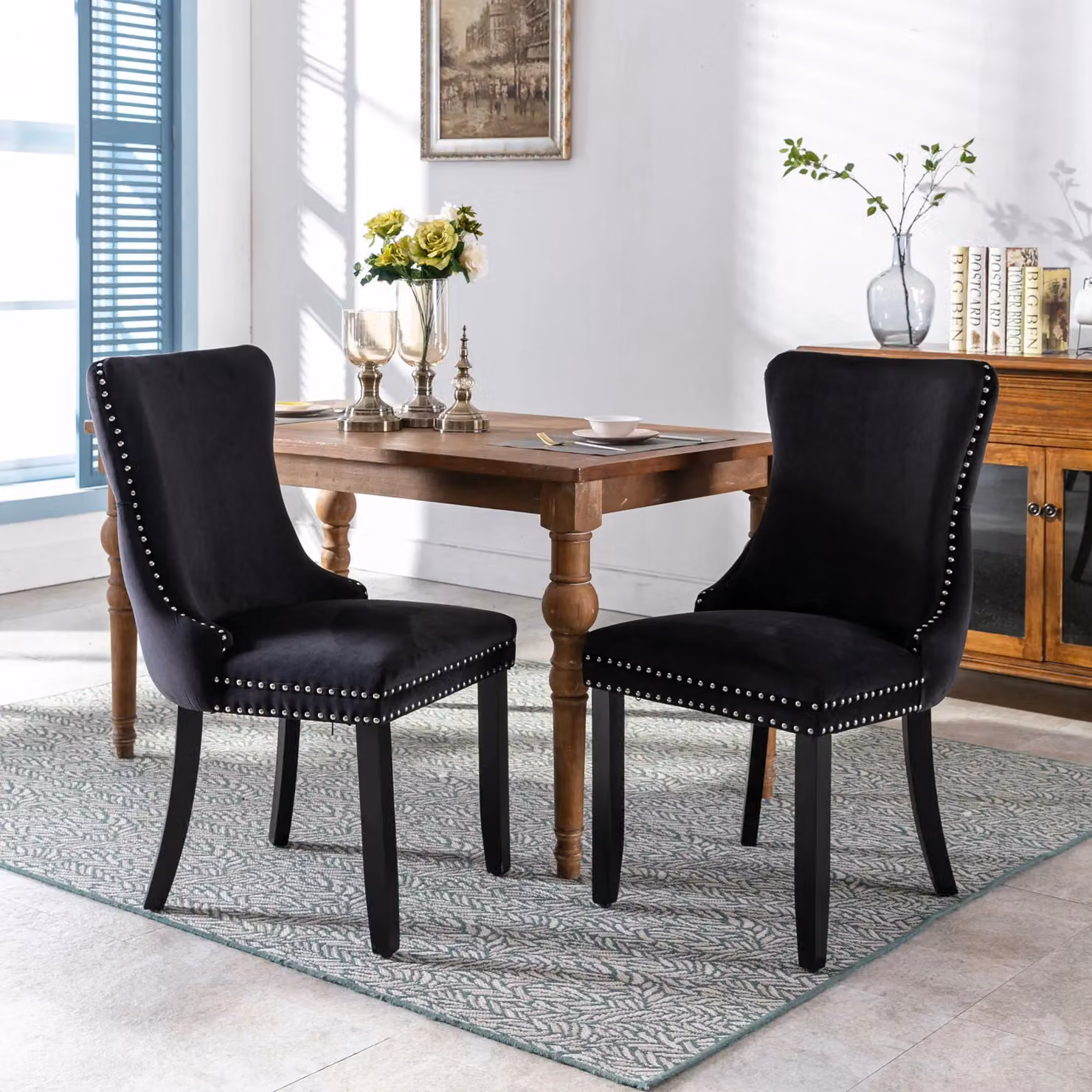 HomeTouch Sierra Set of 4 Black Velvet Tufted Dining Chairs with Oak Wood Legs – 2