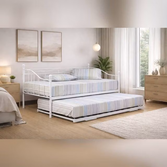 Comfy Living Ltd Metal Daybed with Trundle in White, Size: 90 x 200 cm
