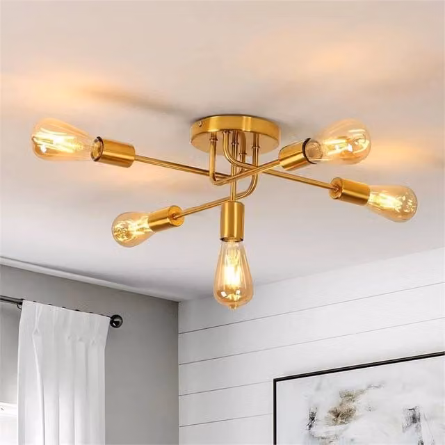 Nordara 5-Arm Industrial Gold Ceiling Light with Glass Shades