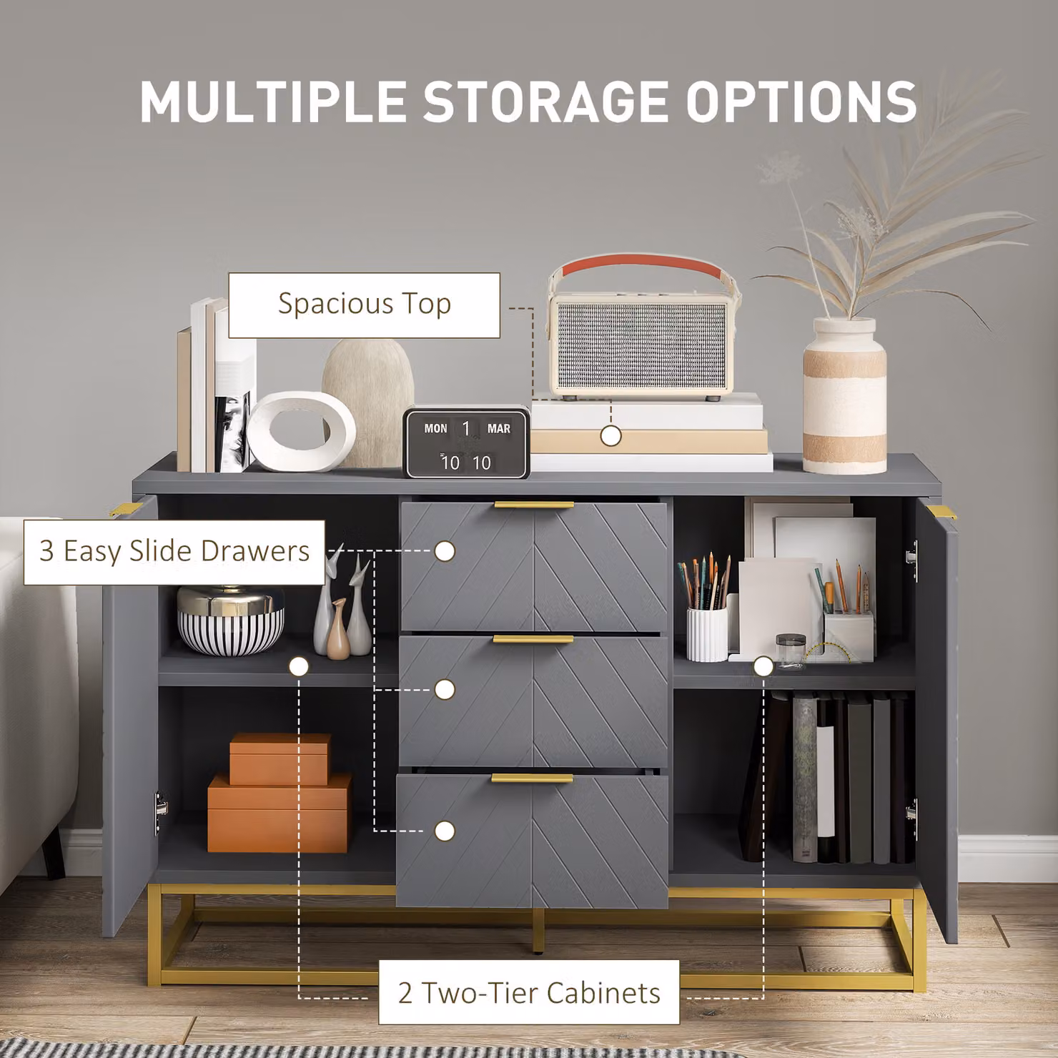 HOMCOM Modern Grey Freestanding Storage Cabinet with 3 Drawers and Gold Accents – 3