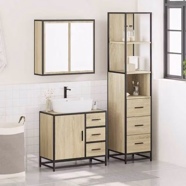 Berkfield Home 3 Piece Industrial Bathroom Furniture Set in Sonoma Oak Brown, including Mirror Cabinet, Vanity Unit and Tall Cabinet