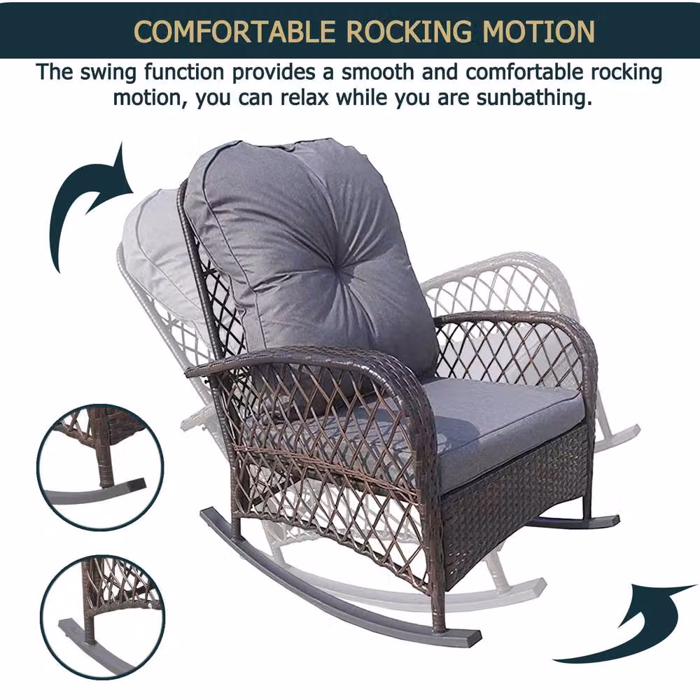 FURNITURE ONE Brown Rattan Patio Rocking Chair with Soft Cushion – 3