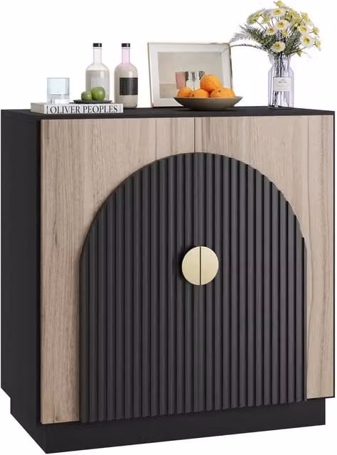 KORVIXA Fluted Sideboard Cabinet with Arched Doors and Gold Handles in Black, W: 100 cm, H: 100 cm
