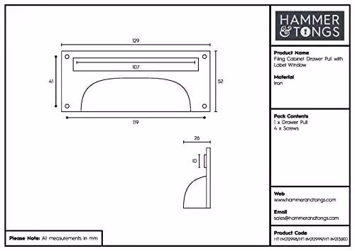 Hammer and Tongs Brass Filing Cabinet Drawer Pull with Card Frame, Pack of 10, W: 13 cm x H: 5 cm – 3