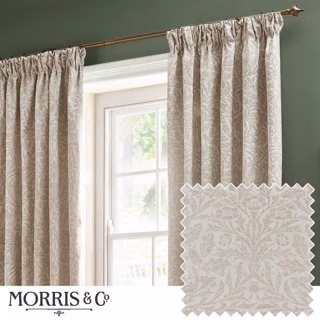 Morris & Co Acorn Tonal Matt Jacquard Pencil Pleat Curtains in Ivory, Width: 229 cm, Drop: 229 cm