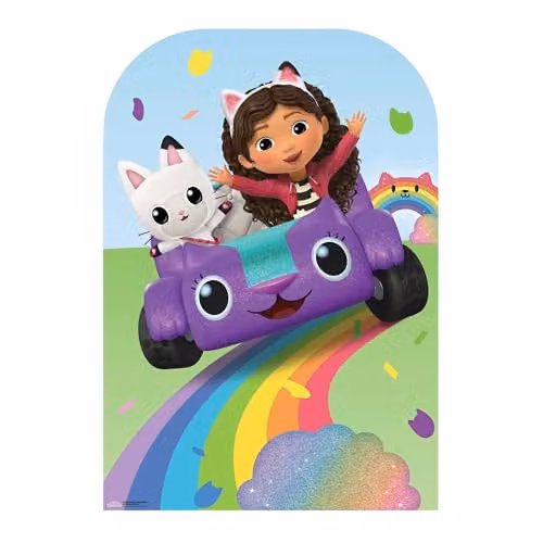 Star Cutouts Gabby’s Dollhouse Carlita and Pandy Paws on Rainbow Stand-In Multicolour Lifesize Cardboard Cutout, Height: 131 cm