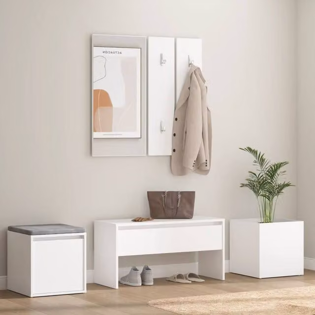 Berkfield Home White MDF Hallway Furniture Set with Bench, Mirror and Wall Rack
