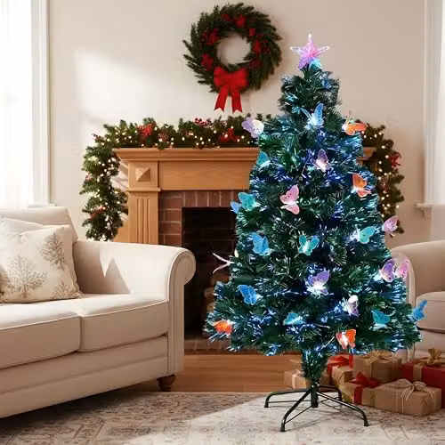 Shatchi 150 cm Green Fibre Optic Christmas Tree with Multicolour LED Butterfly Decorations and Star Topper – 4