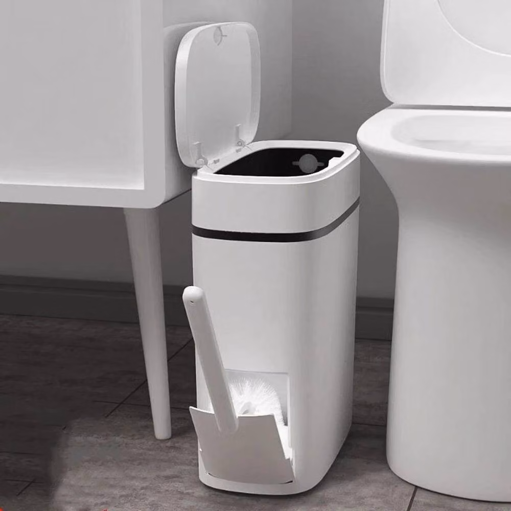 SPETLEK 14L Narrow White Plastic Touch Trash Can with Toilet Brush Holder – 3
