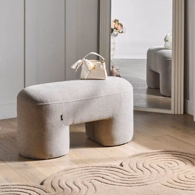Wyld and Coco Beige Boucle Oval Accent Ottoman with Larch Wood Legs