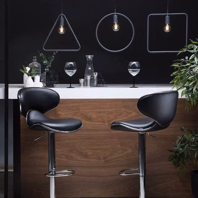 Wyld and Coco Set of 2 Black Faux Leather Swivel Bar Chairs with Gas Lift