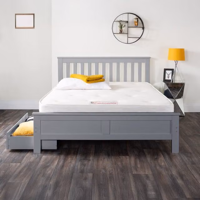 FurnitureboxUK Azure Modern Solid Pine Bed Frame in Grey with Mattress and 2 Drawers, 180 x 200 cm