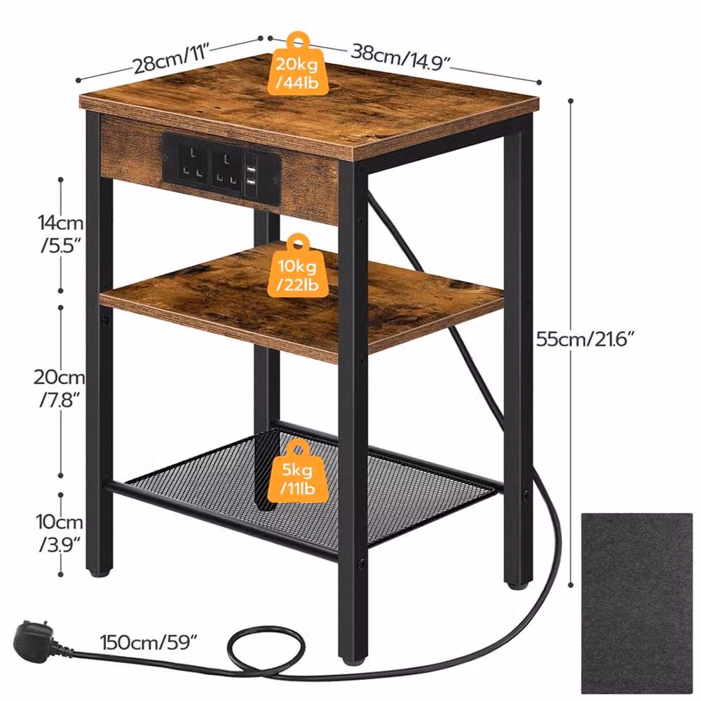 Ventryn 3 Tier Industrial Side Table with Adjustable Shelves and Charging Station in Rustic Brown and Black – 2