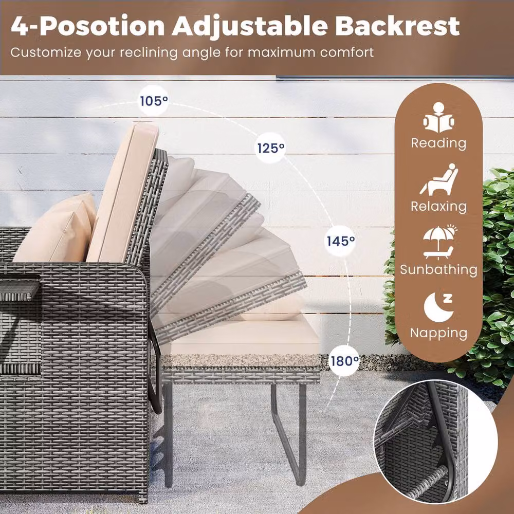 Costway 2-Piece Grey PE Wicker and Metal Patio Rattan Daybed Set with Adjustable Backrest – 3