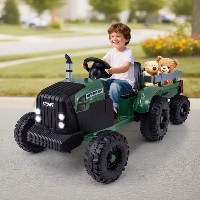 Costway Green Electric Ride On Tractor and Trailer with Light, Sound and Brake