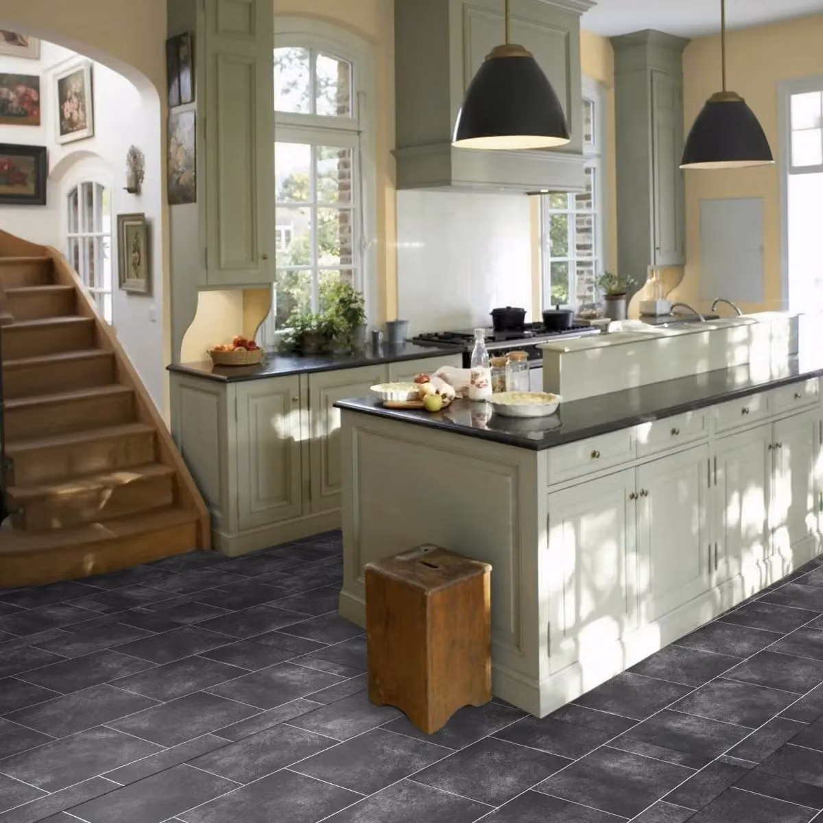 Vinyl Flooring UK Black Marbled Stone Look Cushion Backed Vinyl Flooring Sheet, W: 300 cm, L: 400 cm, Thickness: 0.23 cm – 2