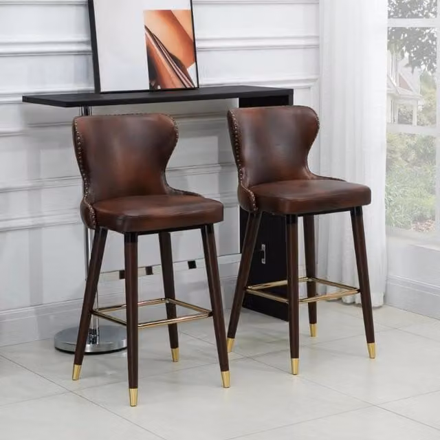 Chilli Seating Amos Set of 2 Vintage Bar Stools in Brown Synthetic Leather with Gold Metal Accents