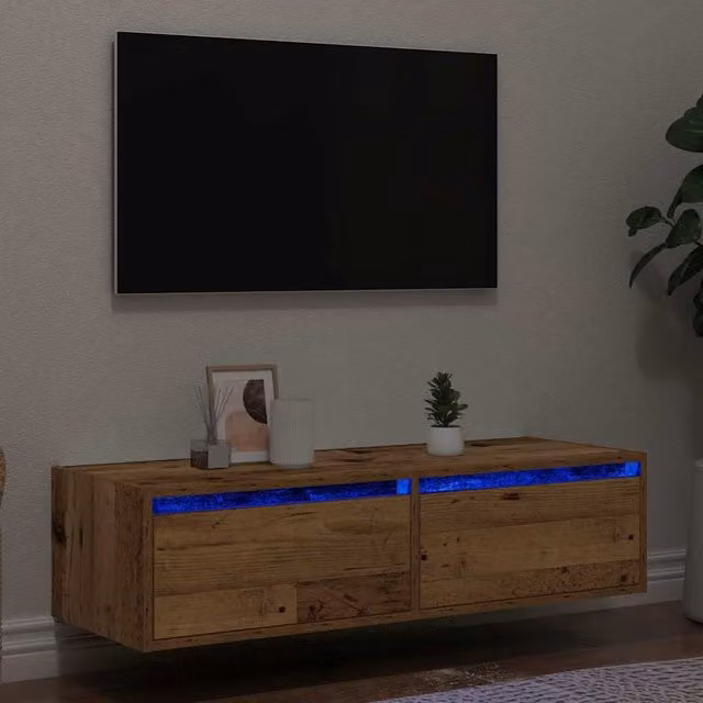 Berkfield Home TV Cabinet with LED Lights in Brown Old Wood, W: 100 cm, D: 35.5 cm, H: 25 cm – 1