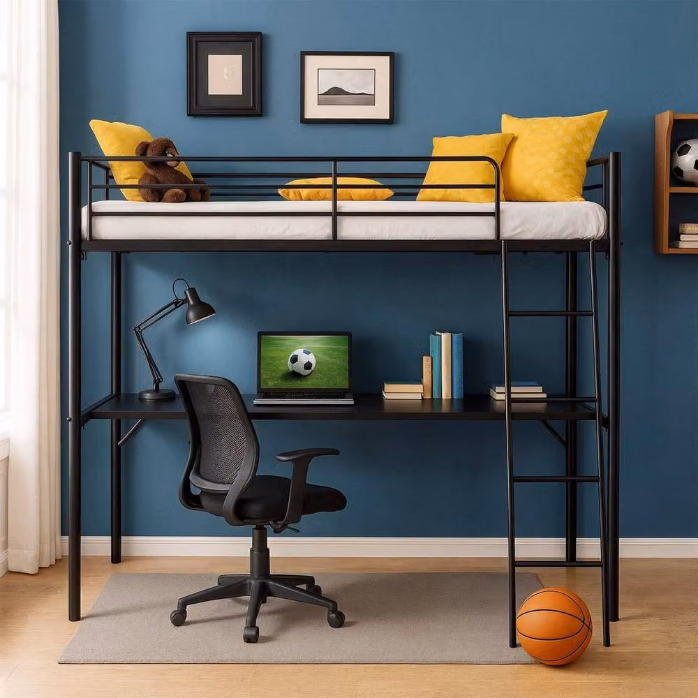 FORGEVIO Single Metal Loft Bed Frame in Black, W/D/H: 152 x 70 x 32 cm – 4