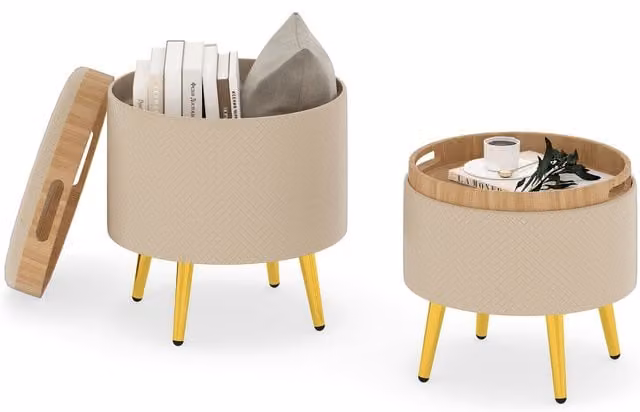Costway Set of 2 Brown Synthetic Leather and Fabric Cylindrical Storage Ottomans with Metal Frames