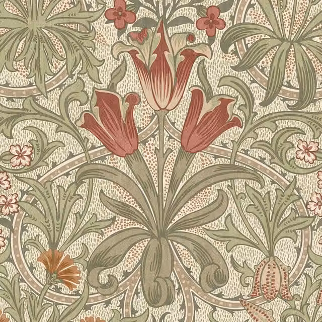 William Morris At Home Woodland Weeds Fern Floral Cotton Fabric in Green and Multicolour