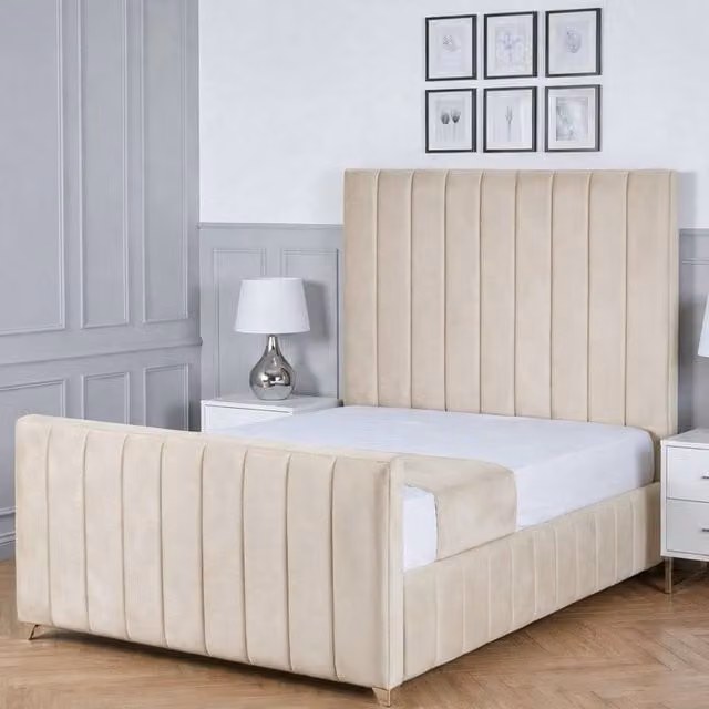 Living Comfort Bedz Zenith King Size Upholstered Plush Velvet Bed with Slatted Base and 48 Inch Headboard in Beige