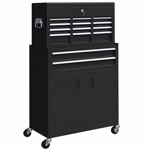 HOMCOM Metal Tool Chest and Roller Cabinet Combo with 6 Drawers, Black, W: 61.6 cm, D: 33.0 cm, H: 108.0 cm
