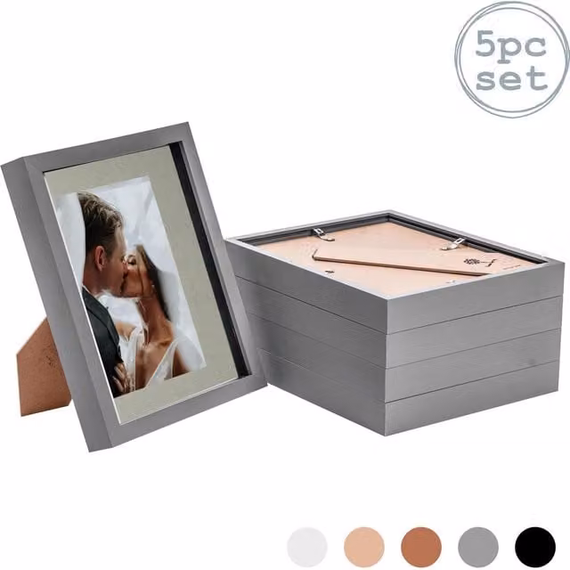 Nicola Spring Pack of 5 Grey Rectangular 3D Box Photo Frames with 5x7 inch Mount for Tabletop Display