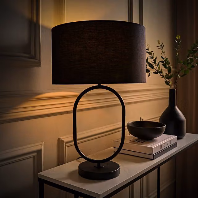 ValueLights Antonia Art Deco Oval Table Lamp in Black with Fabric Drum Shade and Warm White LED Bulb