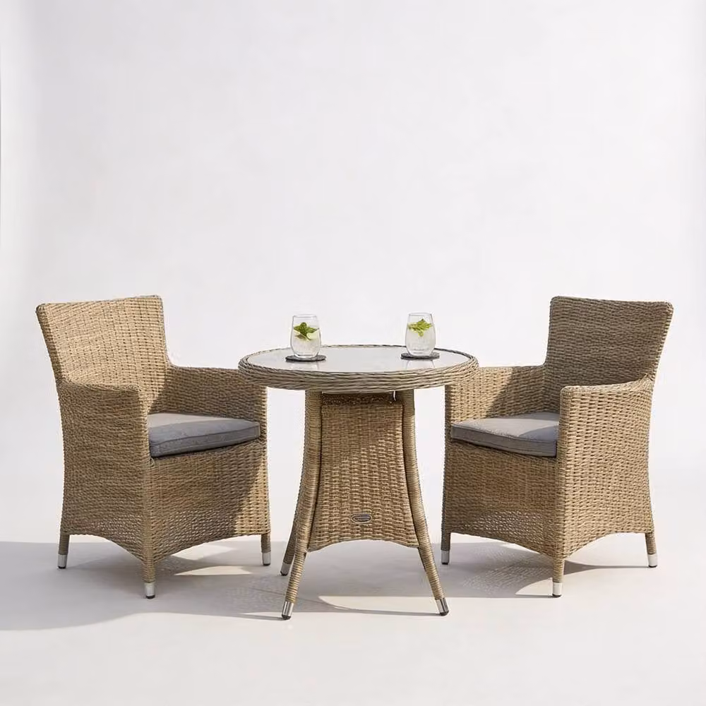 Royalcraft Wentworth Bistro Set with 2 Carver Chairs, 70cm Round Polyrattan Table with Glass Top in Beige – 2